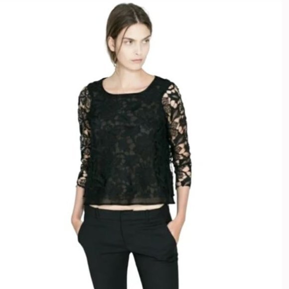 Zara Tops - Zara Black Sheer Crochet Floral Lace Overlay Blouse, size Medium